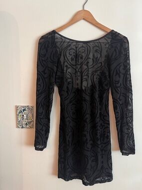 Mystic Black Sheer Long-Sleeve Patterned Dress